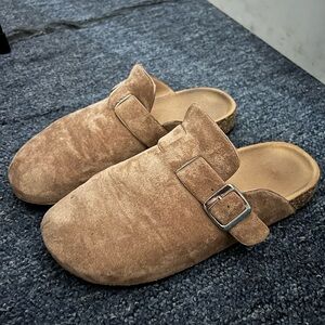 Tan Suede Slip-On Clogs with Buckle
